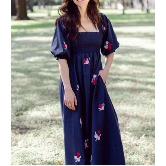 Mi Golondrino Dress Floral Puff Sleeve Midi Mila Lago Borgoña Celeste Rosa Small - Picture 1 of 6
